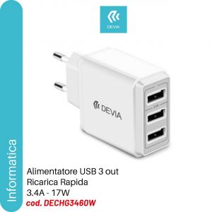 ALIMENTATORE DA MURO CON 3 USB 3.4A