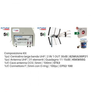KIT CENTRALINO L.BANDA 2IN+ANTENNA UHF 31EL+CAVO+CON.F