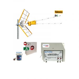 KIT ANTENNA UHF+CENTRALINO 2 IN 30DB+CONNETTORI F+CAVO 5MM