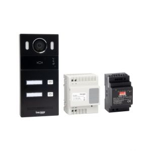 KIT VILLA BIFAM. PULSANTIERA 2 TASTO+ALIM. 24V+DISTRIB. DIN